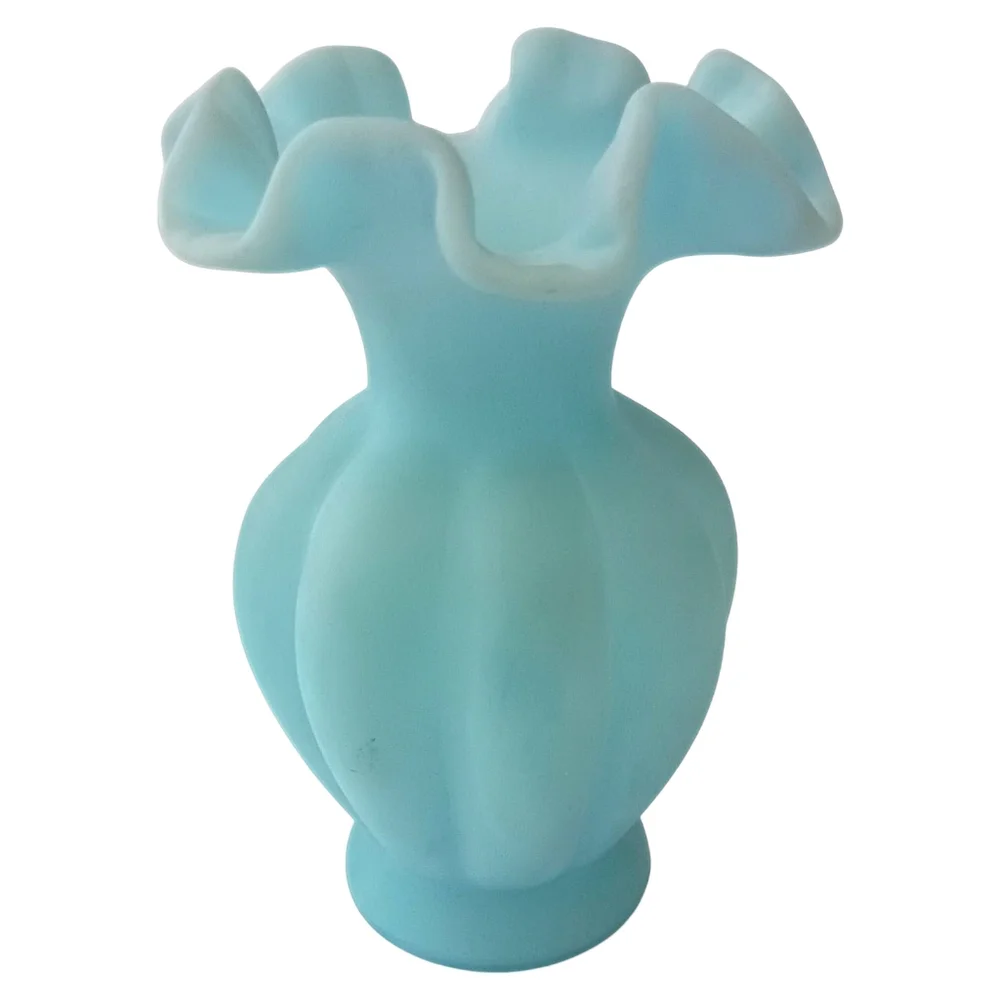 Fenton Satin Art Glass Vase Sky‎ Blue Melon Ruffled Edge Vintage Cottage Garden